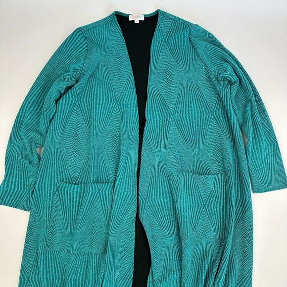 Lularoe Sarah Cardigan Duster Sweater Teal Black Lined Size S Open Front Pockets - Picture 7 of 12